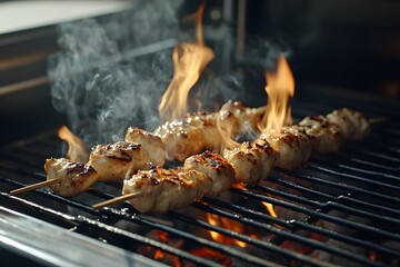 Flame cooked chicken skewers on grill.