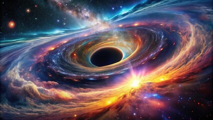 Obraz premium A swirling vortex of celestial dust and gas illuminated by distant stars, creating a cosmic ballet around a massive black hole.