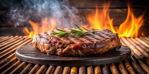 Sizzling beef steak on a grill with a wooden background and a hint of smoke in the air, barbecue, food,  barbecue, food,beef steak
