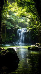 Ephemeral Light Beaming through Verdant Canopy onto a Hidden Cascading Waterfall - An Unspoiled Natural Sanctuary