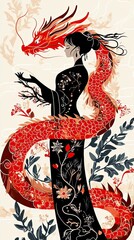 Obraz premium Woman and Dragon Artistic Fusion in Red and Black