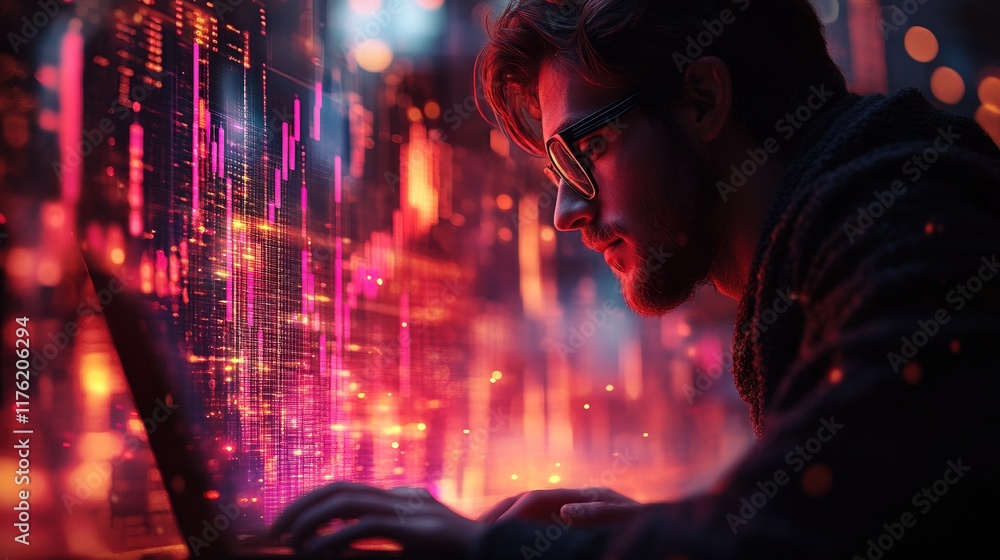 Poster a focused individual working on a laptop, surrounded by colorful digital data visualizations.