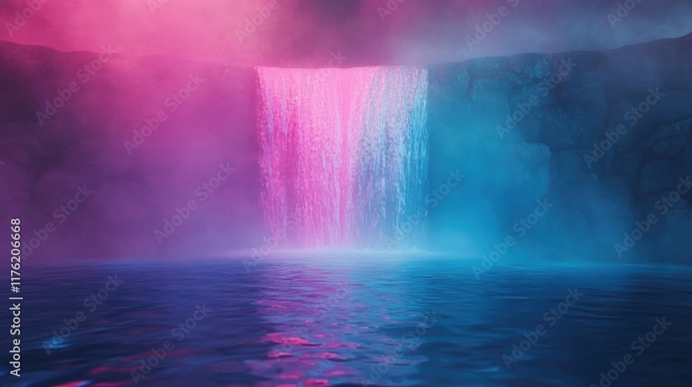 Poster a vibrant waterfall glows with neon colors while cascading into tranquil waters, creating a captivat
