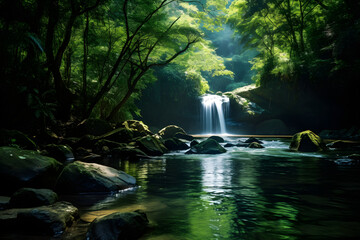 Ephemeral Light Beaming through Verdant Canopy onto a Hidden Cascading Waterfall - An Unspoiled Natural Sanctuary