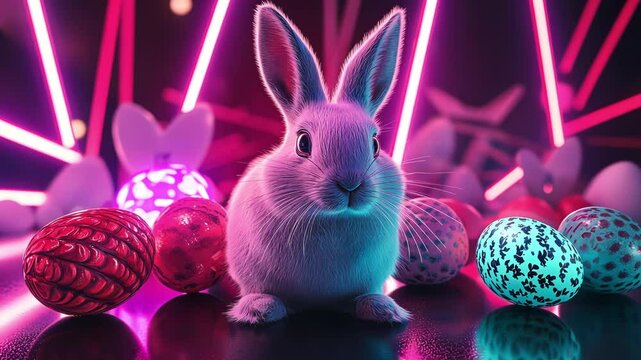 White Easter bunny sitting in a pink room with neon lights surrounded by easter eggs. Modern Easter background for advertisement.