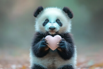 Fototapeta premium Cute panda holding a soft pink heart on a pastel pink background, perfect for Valentine’s Day, love, or playful and whimsical designs