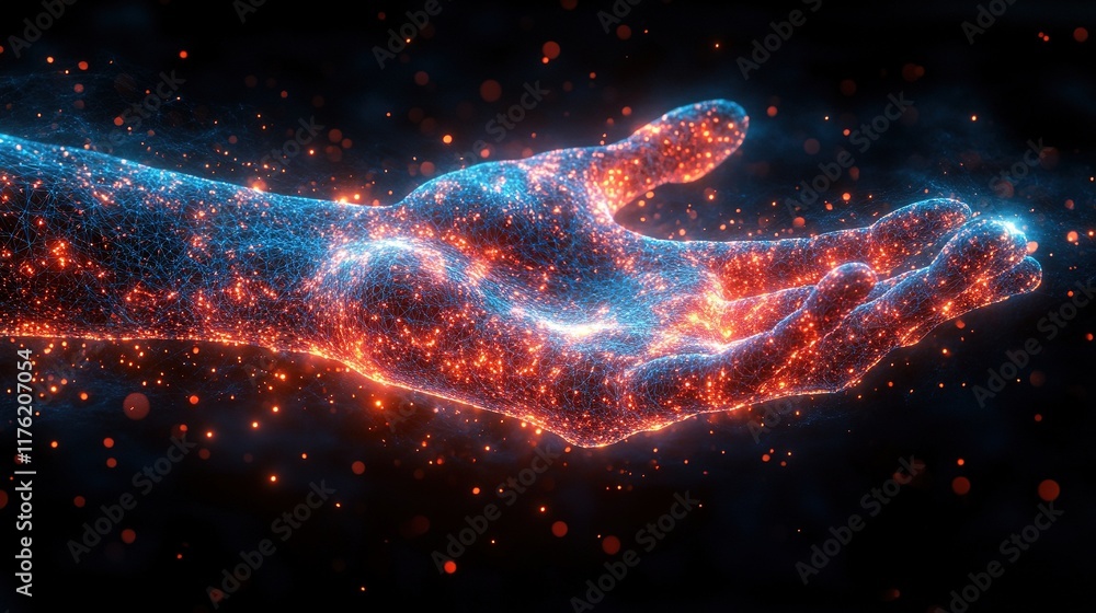 Poster a glowing hand composed of particles, symbolizing energy and connection in a cosmic context.