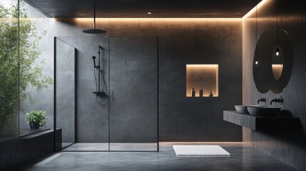 A bathroom with a shower and a sink