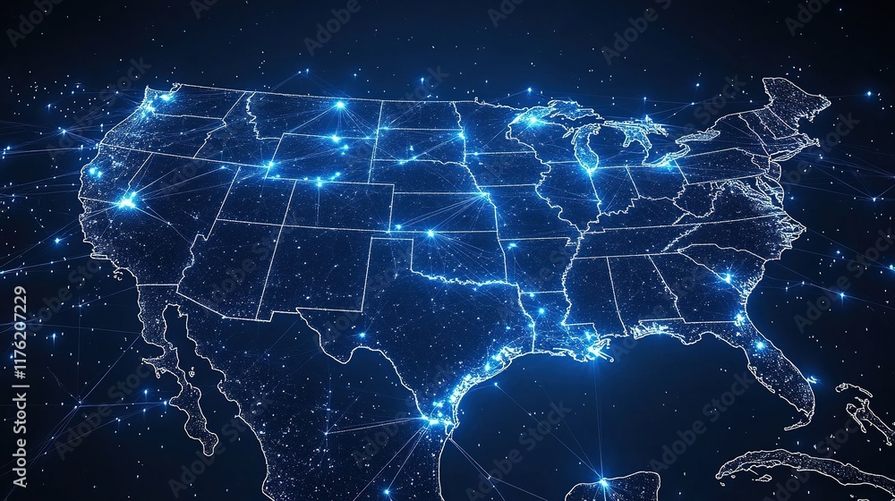 Poster a digital map of the united states with glowing connections representing networks and data flow.
