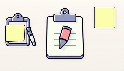 Stationery Tools Icon Set. Detailed icons of a clipboard, marker, and sticky notes.