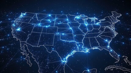 A digital map of the United States with glowing connections representing networks and data flow.
