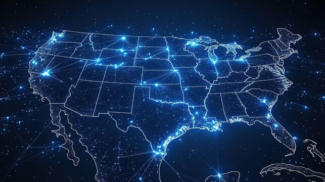 A digital map of the United States with glowing connections representing networks and data flow.