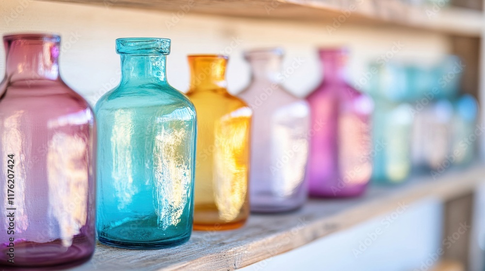 Poster shelves display an array of colorful glass vases, each uniquely shaped, enhancing the visual appeal 
