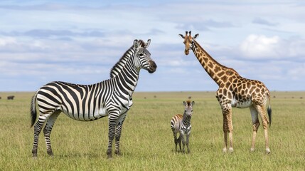 Obraz premium Zebras and a giraffe in a grassy savanna landscape.