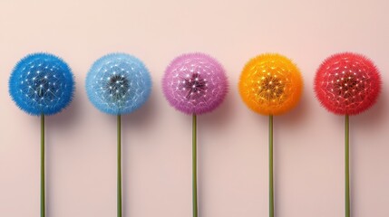 Five colorful dandelion clocks in a row against a pale pink background.