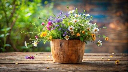 Delicate wildflowers in a rustic wooden vase, flowers, nature