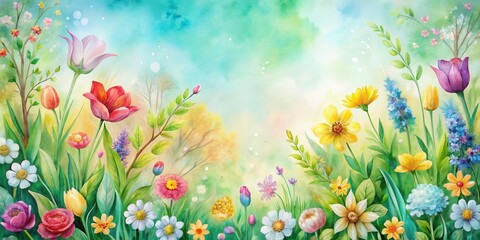 Colorful watercolor painting on a spring background with blooming flowers and greenery , painting, greenery