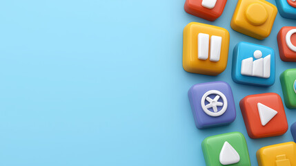 Colorful 3D icons on pastel blue background, representing various applications
