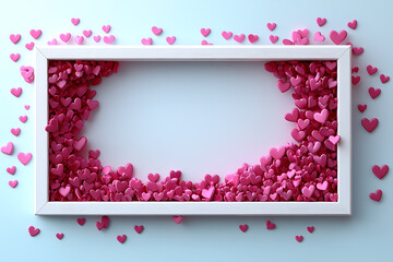 White rectangular frame surrounded by scattered red and pink hearts on a light background, perfect for Valentine’s Day or romantic-themed creative designs