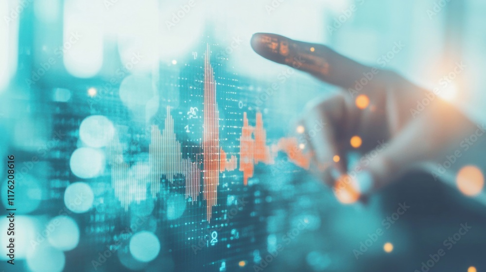 Poster a hand is pointing at a digital graph with an upward trend, indicating growth and analysis in a cont