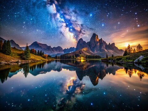 Dolomites Night Photography: Starry Sky over Amola Lakes, Majestic Mountain Reflections