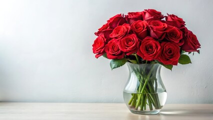 Fototapeta premium Luxurious red rose bouquet in a modern glass vase on a soft white background , vase, decorative, vase,decorative,fresh