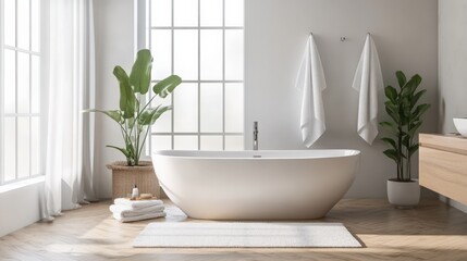 A bathroom with a white bathtub and a potted plant