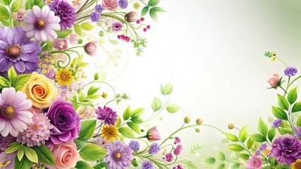 Swirling patterns of colorful flowers and leaves against a soft white background, purple, greenery,  purple, greenery, florals