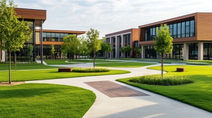 Modern Office Complex with Green Landscaping, Clear Sky and Walkways for Innovative Business Environment