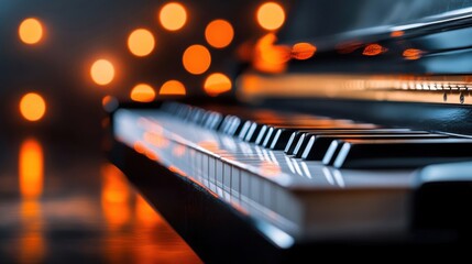 Piano Keys Elegant Close-Up with Soft Bokeh Lights in Warm Tones Perfect for Music and Art Projects