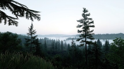 Serene forest landscape with mist and distant mountains at dawn.