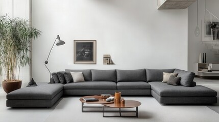 A large sectional sofa is the main focus of the image, with a potted plant