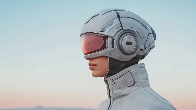 A futuristic figure in a high-tech helmet stands against a serene background, embodying a blend of technology and style. - Powered by Adobe