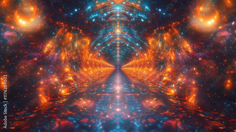 Poster Abstract Cosmic Tunnel with Glowing Colors and Reflections in a Digital Universe, Creating a Mesmerizing Journey Through Space and Time