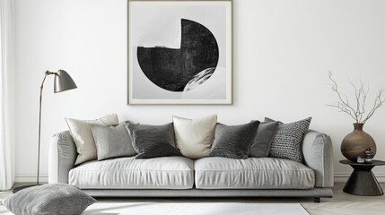A black and white framed picture hangs on a wall above a couch