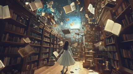 A Girl in a Whimsical Library: A Journey Through Literary Worlds