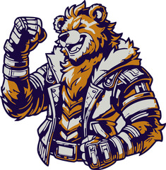 A bear with a jacket on and a fist in the air. The bear is smiling and he is happy