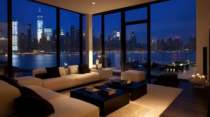 Fototapeta premium Modern Living Room with Stunning City Skyline View at Night, Featuring Elegant Furniture and Soft Lighting in a Stylish Urban Apartment Interior