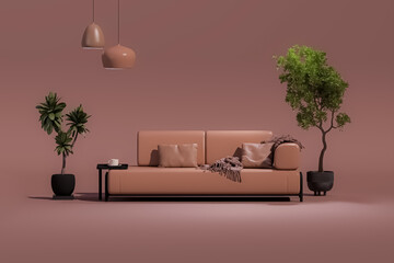 Mocha mousse is a trend colour year 2025 in plain monochrome brown color with furnitures and room...