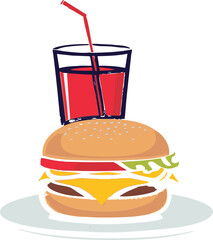 A playful icon of a burger and soda combo with a straw and vibrant colors.