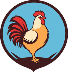 A bold, colorful illustration of a rooster standing tall in a circular design.