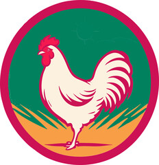 A clean and minimalist illustration of a white rooster in an artistic circle design.