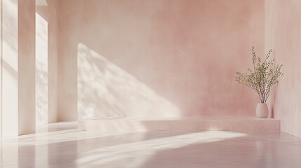 Serene Minimalist Interior with Soft Pink Walls and Natural Light Highlighting Elegant Decorative Plant in Simple Vase for Comforting Atmosphere
