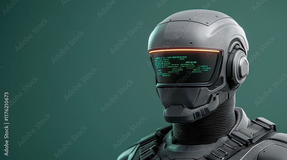 Poster a futuristic robot with a sleek design and a visor displaying digital code stands against a green ba