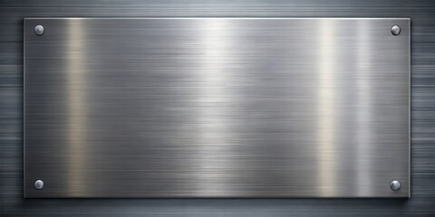 Metal plate with fine brush strokes on a wide steel surface with reflective finish and subtle texture, industrial design, metallic plate