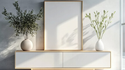 Wooden living room  cabinet dresser against concrete wall with empty blank mock up poster frame with copy space