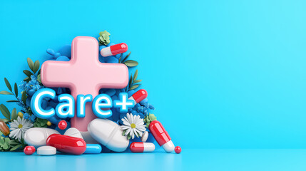 Obraz premium colorful 3D representation of medical cross with pills and flowers