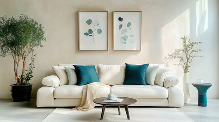 White sofa with teal pillows stucco wall  Minimalist interior design living room
