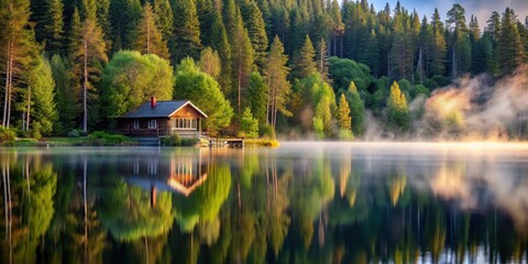 Obraz premium Traditional Finnish cottage surrounded by dense forest and a serene lake with misty morning atmosphere, lake, rural, lake, rural