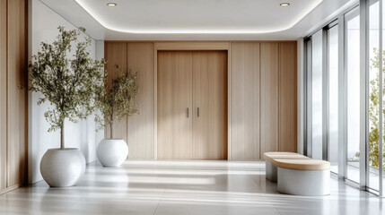 Fototapeta premium entrance hall with door and wooden paneling walls Elegant interior design of modern